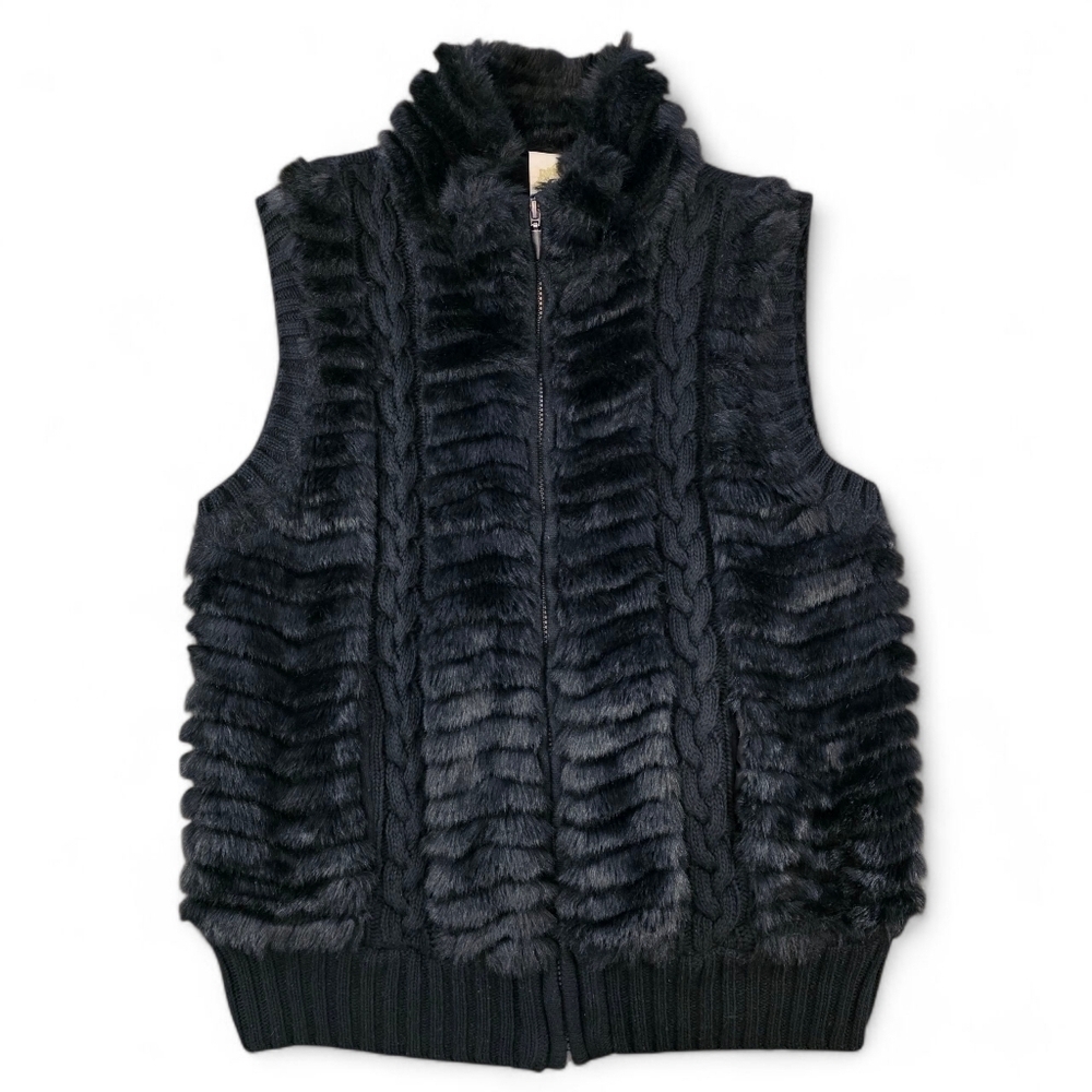 FUDA Black Faux Fur Cable Knit Zip Vest Women’s Large – Cozy Layering Piece